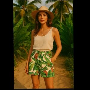 Farm Rio Linen Palm Print Shorts XS NWT | Tropical High Rise Belted●